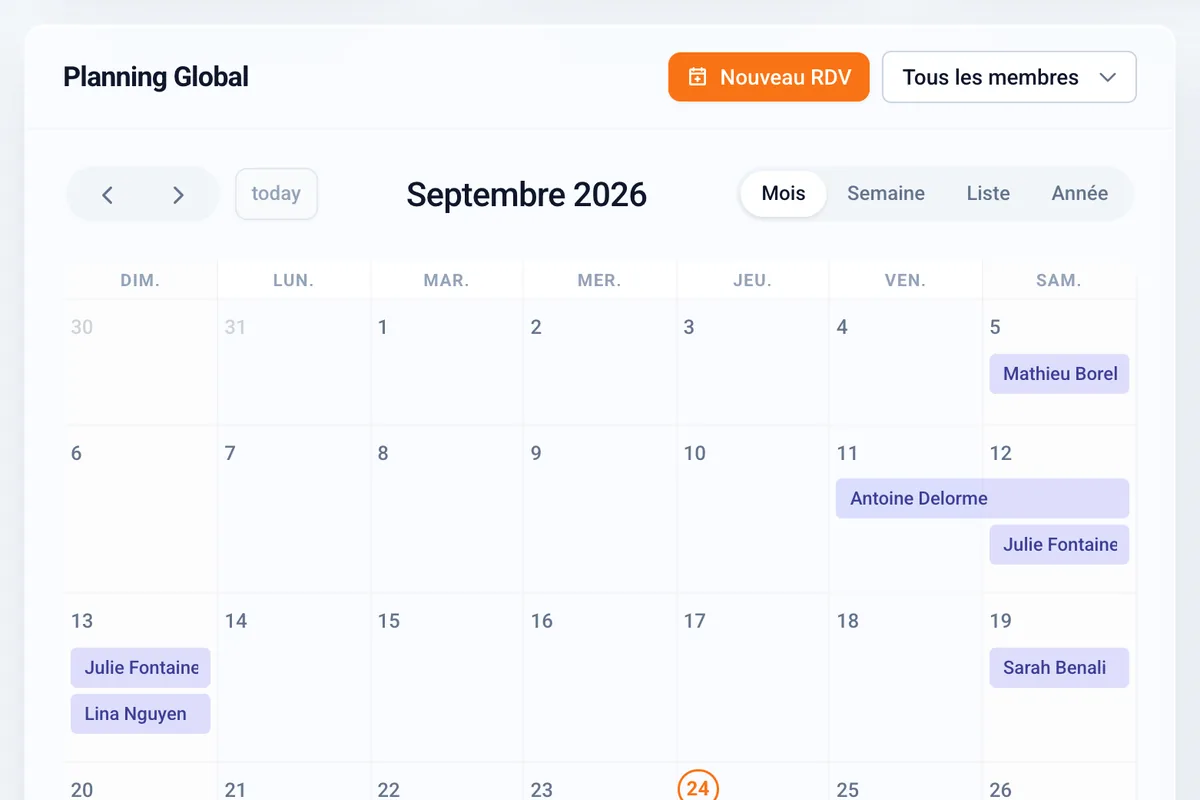 Planning Noxio : calendrier du mois avec les événements de chaque client