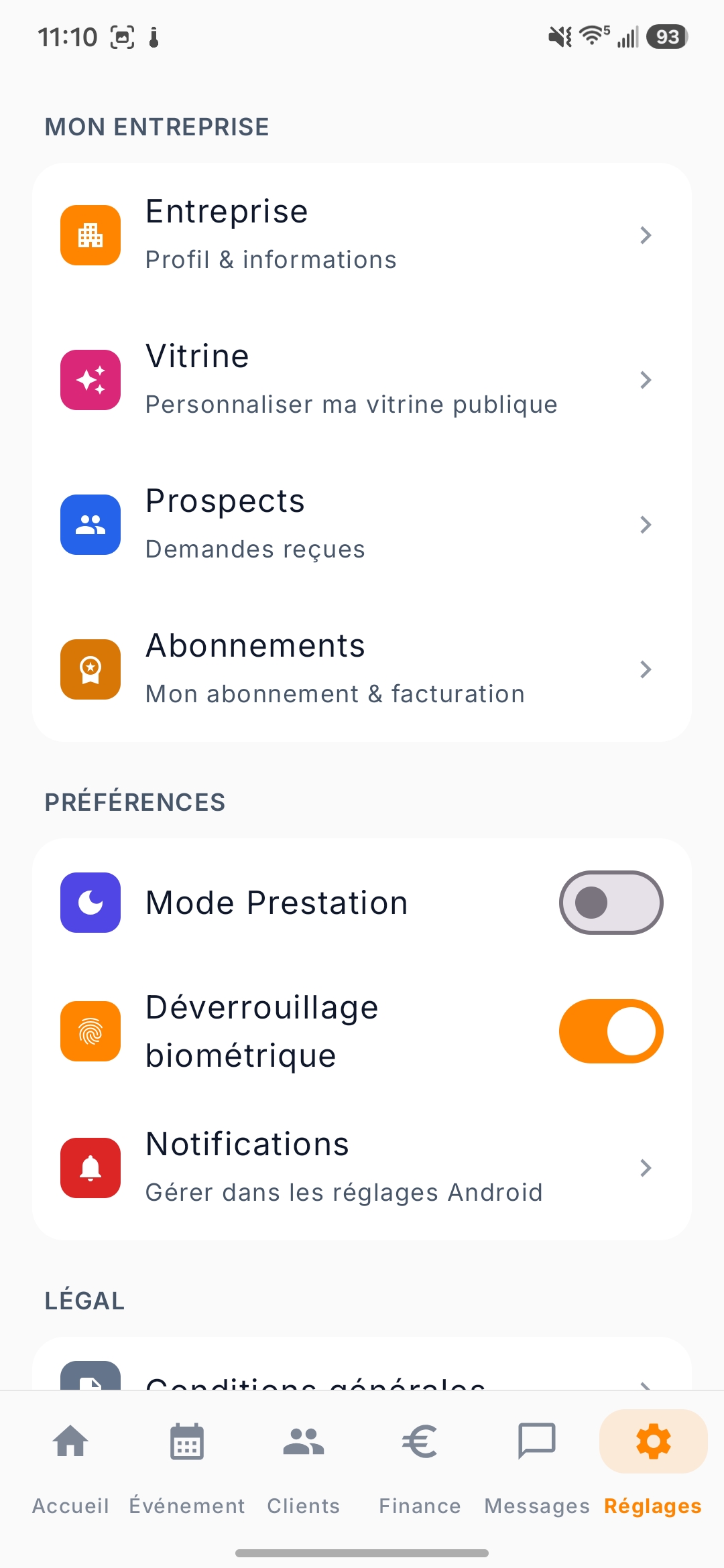 Application mobile Noxio, écran Réglages