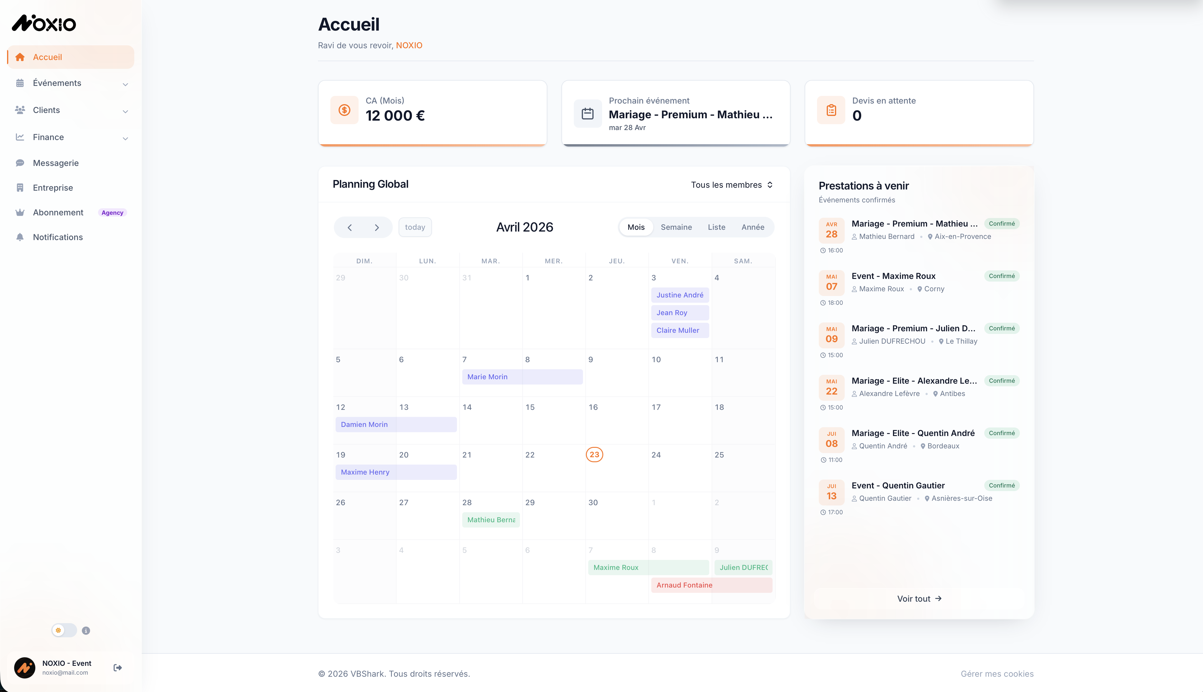 Dashboard NOXIO — gestion événementielle