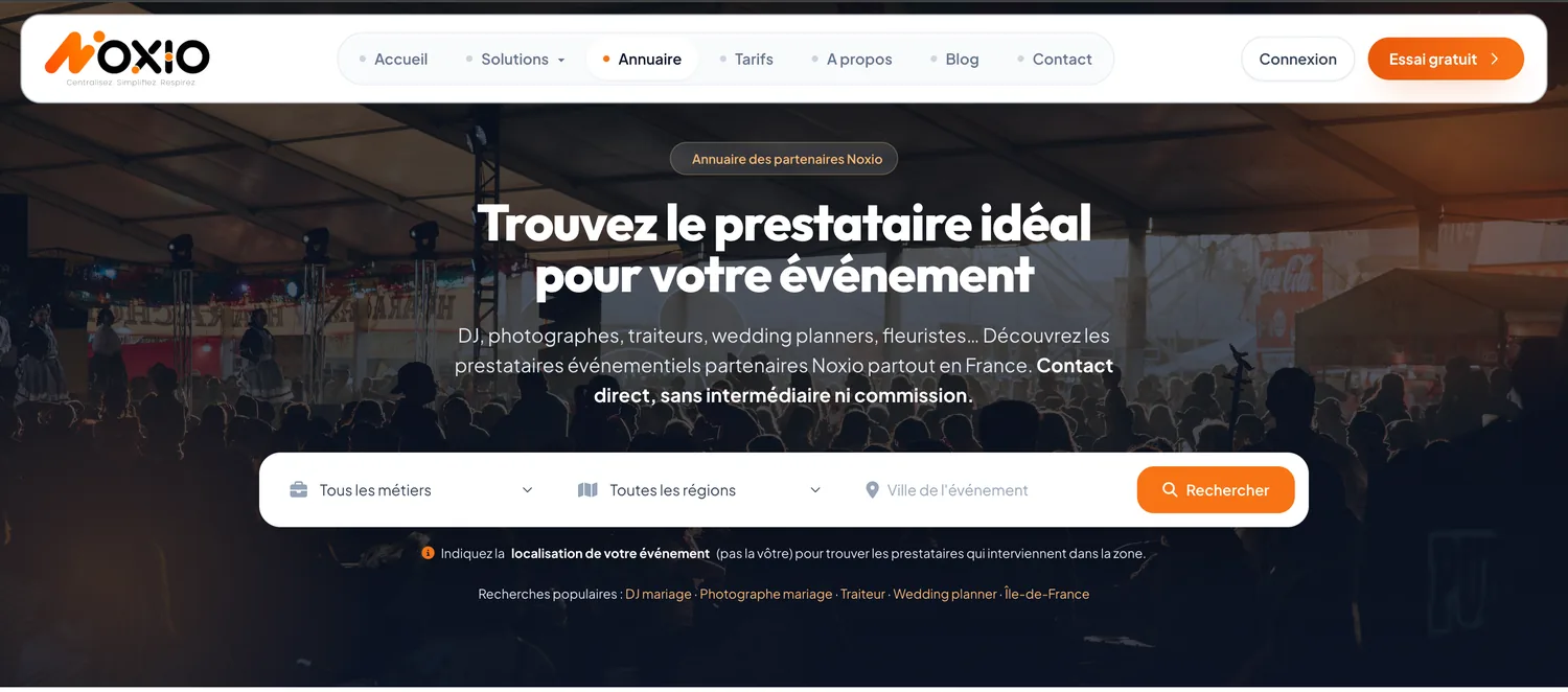 Annuaire Noxio : recherche de prestataires événementiels par métier et par région