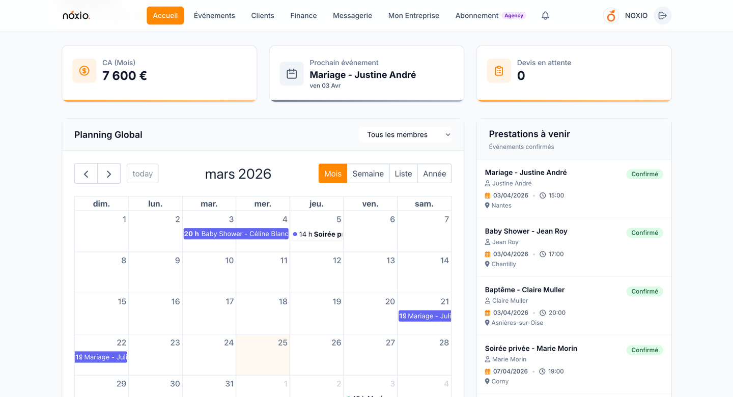 Dashboard NOXIO — gestion événementielle tout-en-un