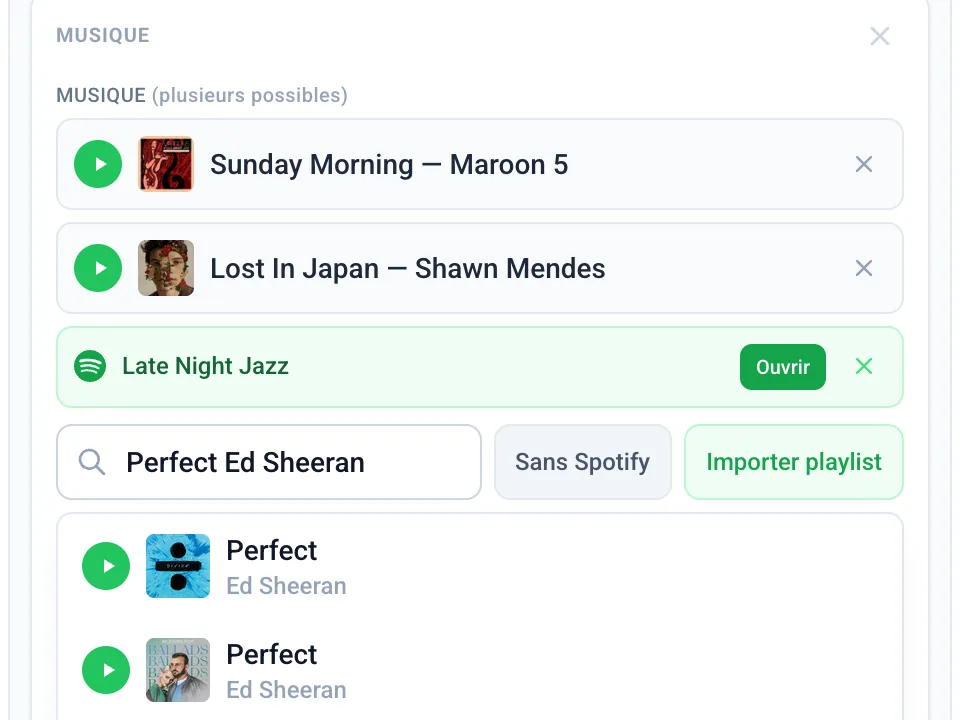 Playlist accrochée à un moment du déroulé Noxio : on colle le lien Spotify, Apple Music ou Deezer, la playlist apparaît avec son nom et un bouton Ouvrir