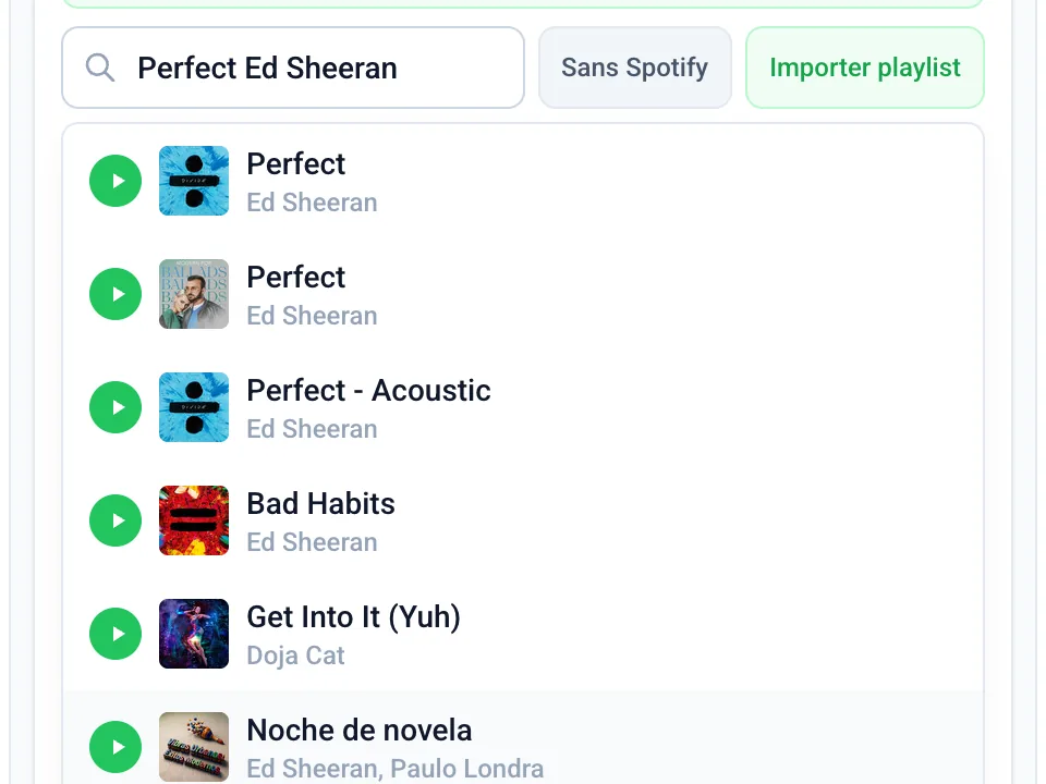 Recherche Spotify intégrée dans le déroulé Noxio : les résultats s'affichent avec pochette, titre et artiste, un clic attache le morceau au moment