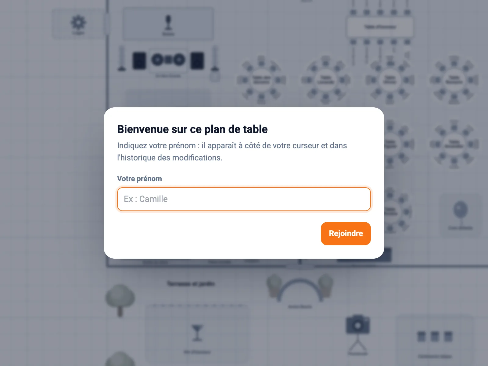 Ouverture d'un plan de table partagé sans compte : la personne indique simplement son prénom pour rejoindre
