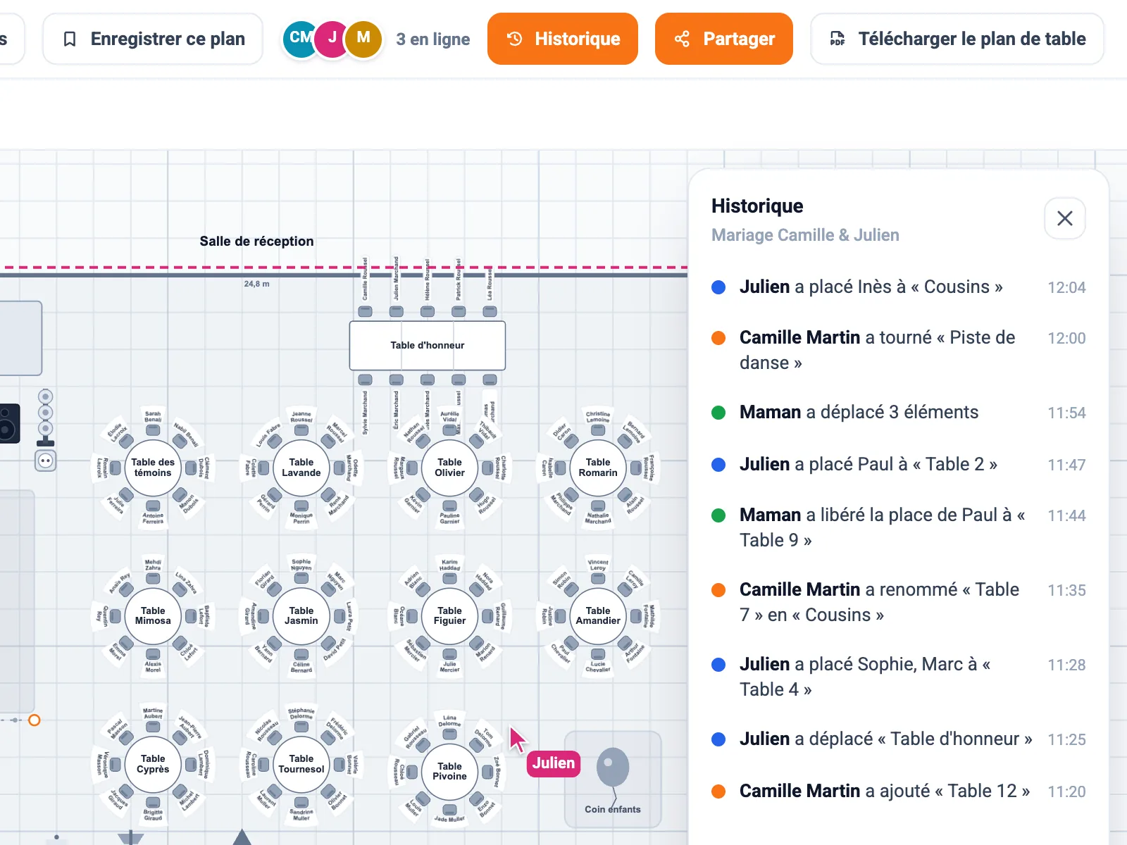 Historique d'un plan de table partagé sur Noxio : chaque modification est signée du prénom de la personne, avec l'heure