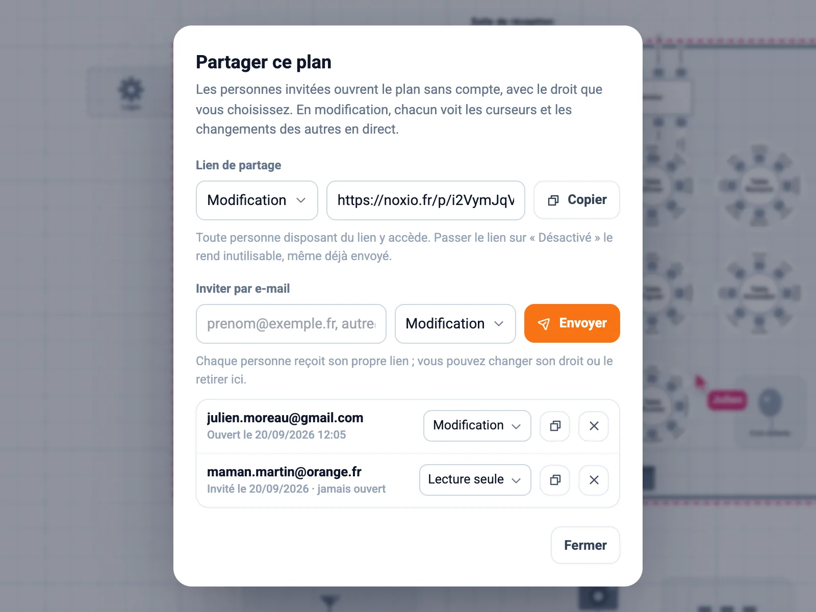 Fenêtre « Partager ce plan » de Noxio : lien de partage en modification, invitations par e-mail avec droit lecture seule ou modification