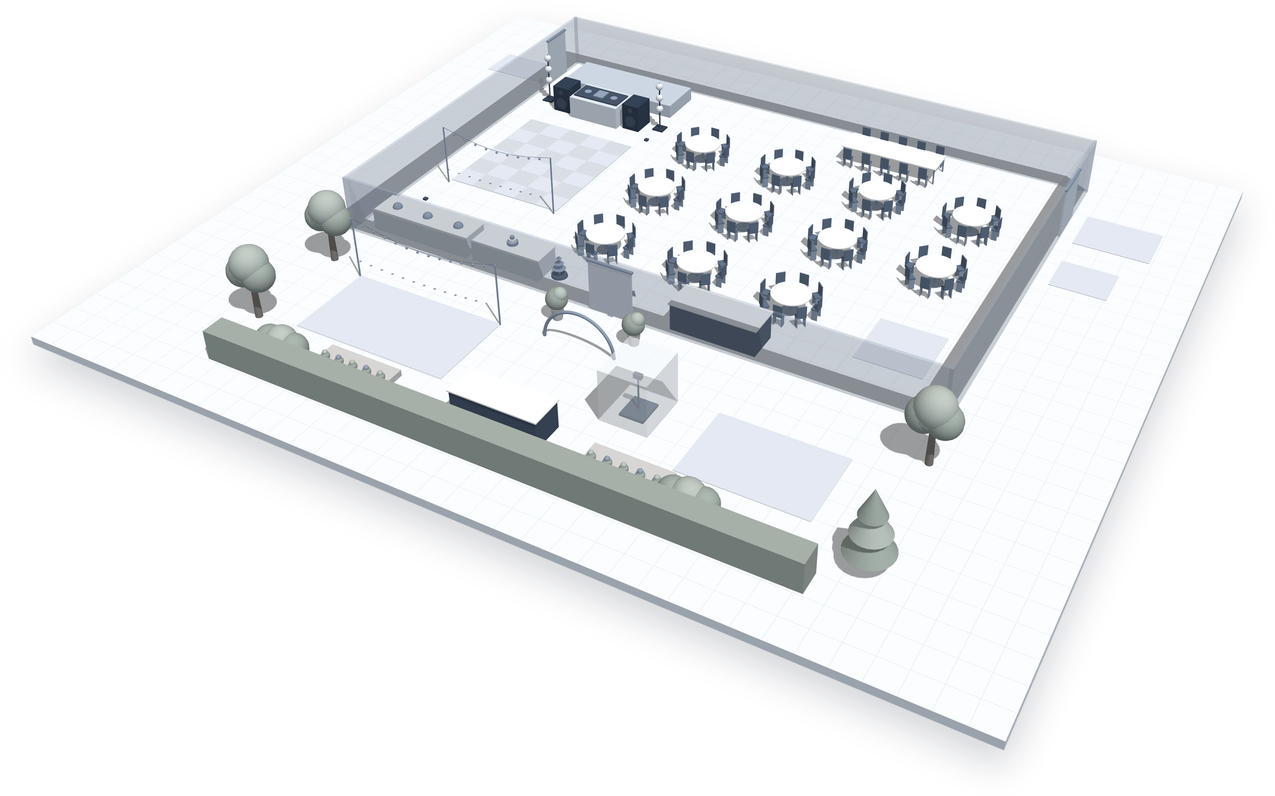 Plan de table en 3D créé avec Noxio : salle de réception avec tables rondes, table d'honneur, piste de danse, bar et terrasse